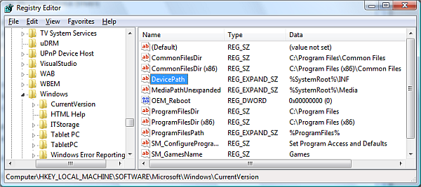 Windows device drivers path in registry