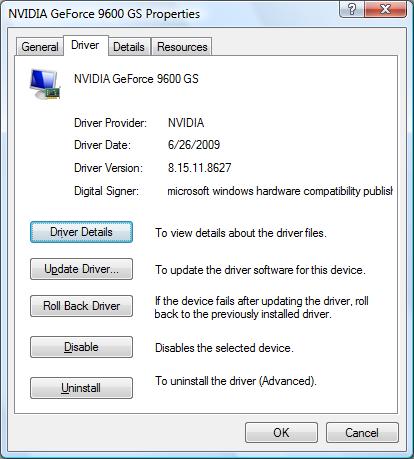 Vista driver properties