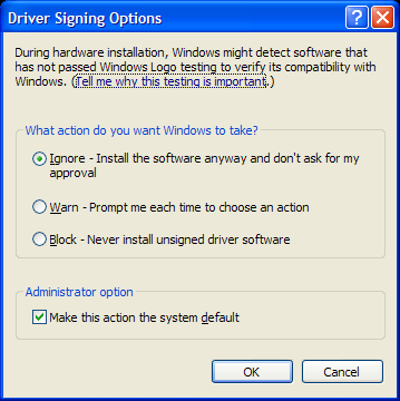 Ignore unsigned drivers in Windows XP
