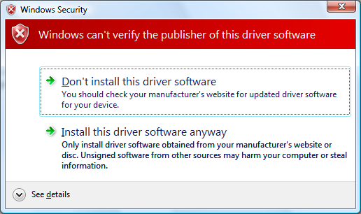 Unsigned driver install message